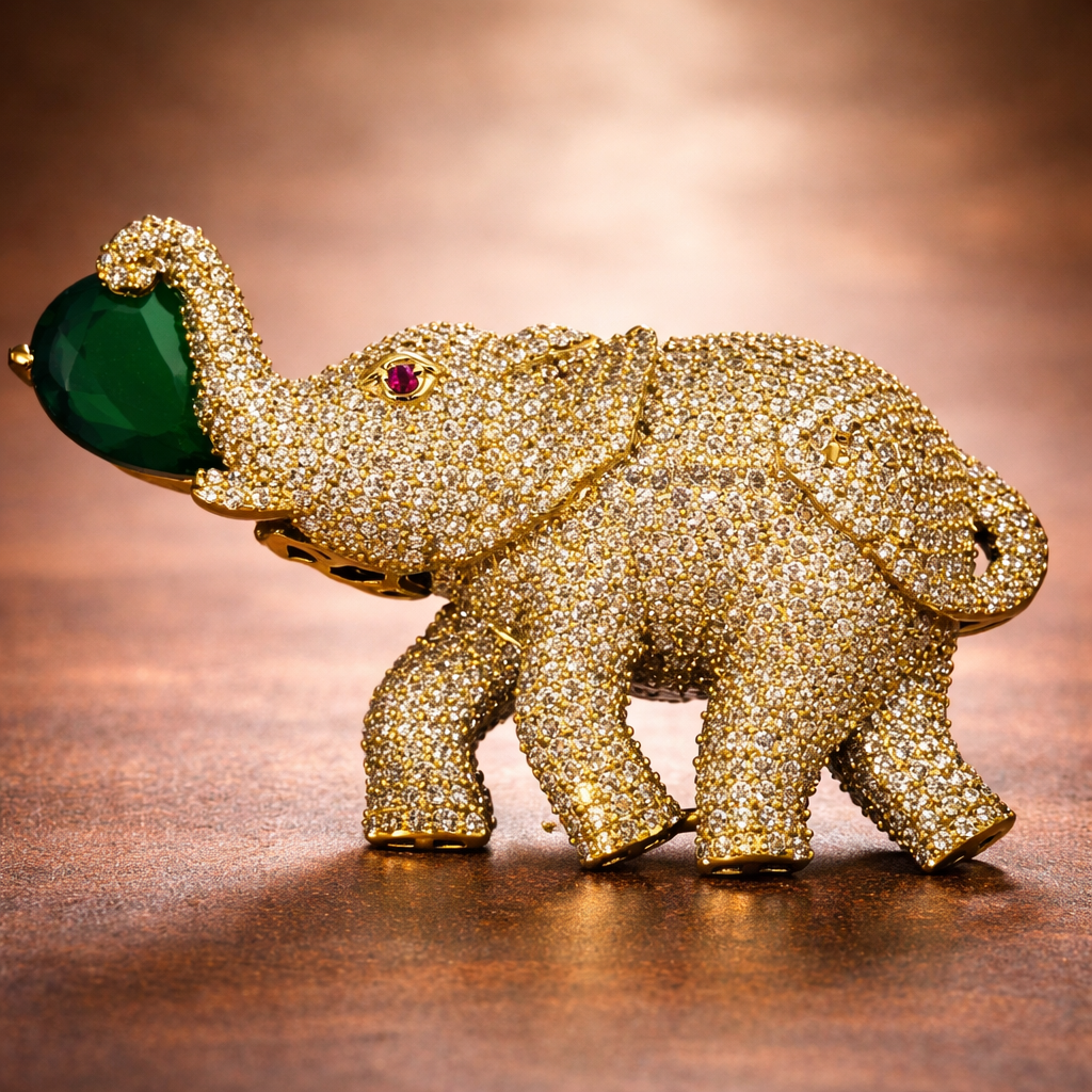 Gold elephant brooch with raised trunk and emerald by Ankkshi