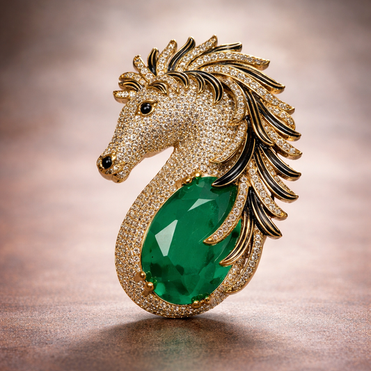 Ashva horse brooch in gold with emerald center stone and stone setting