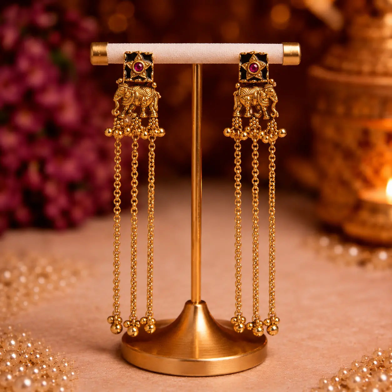 kashmiri elephant motif chain earrings