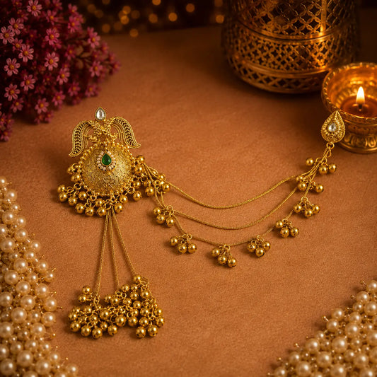 Kashmiri Gulbahar Green Sahare Earrings with emerald stone, cascading hair chains, paisley motif and gold bead tassels