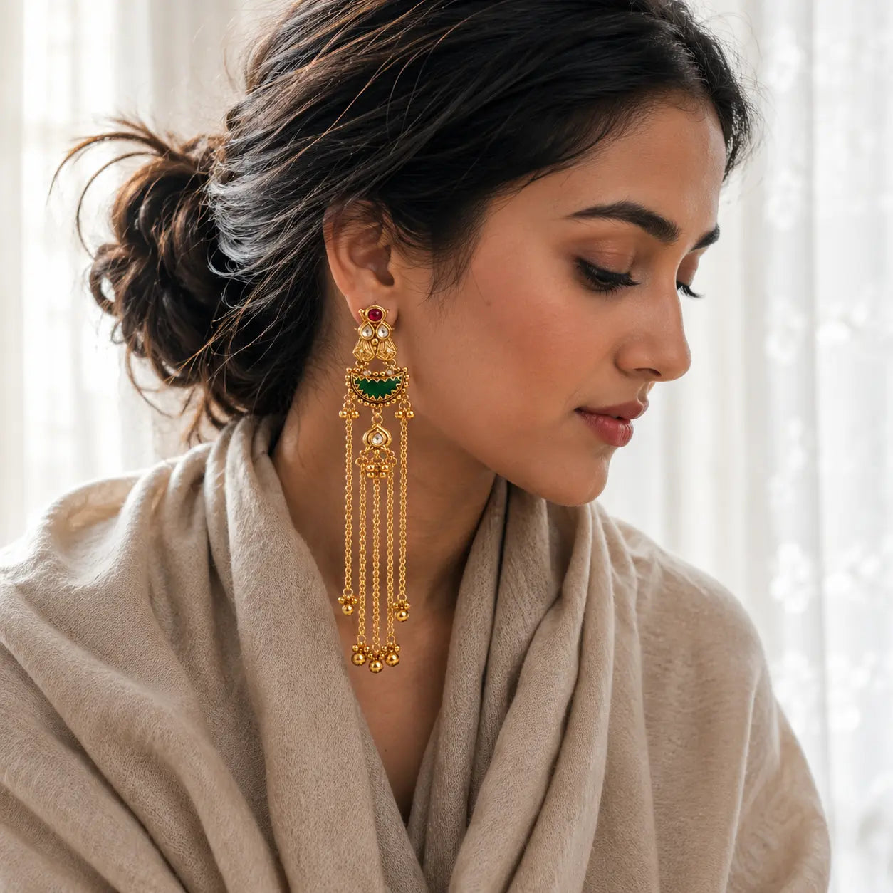 Kashmiri Mehrab Green Crescent Earrings