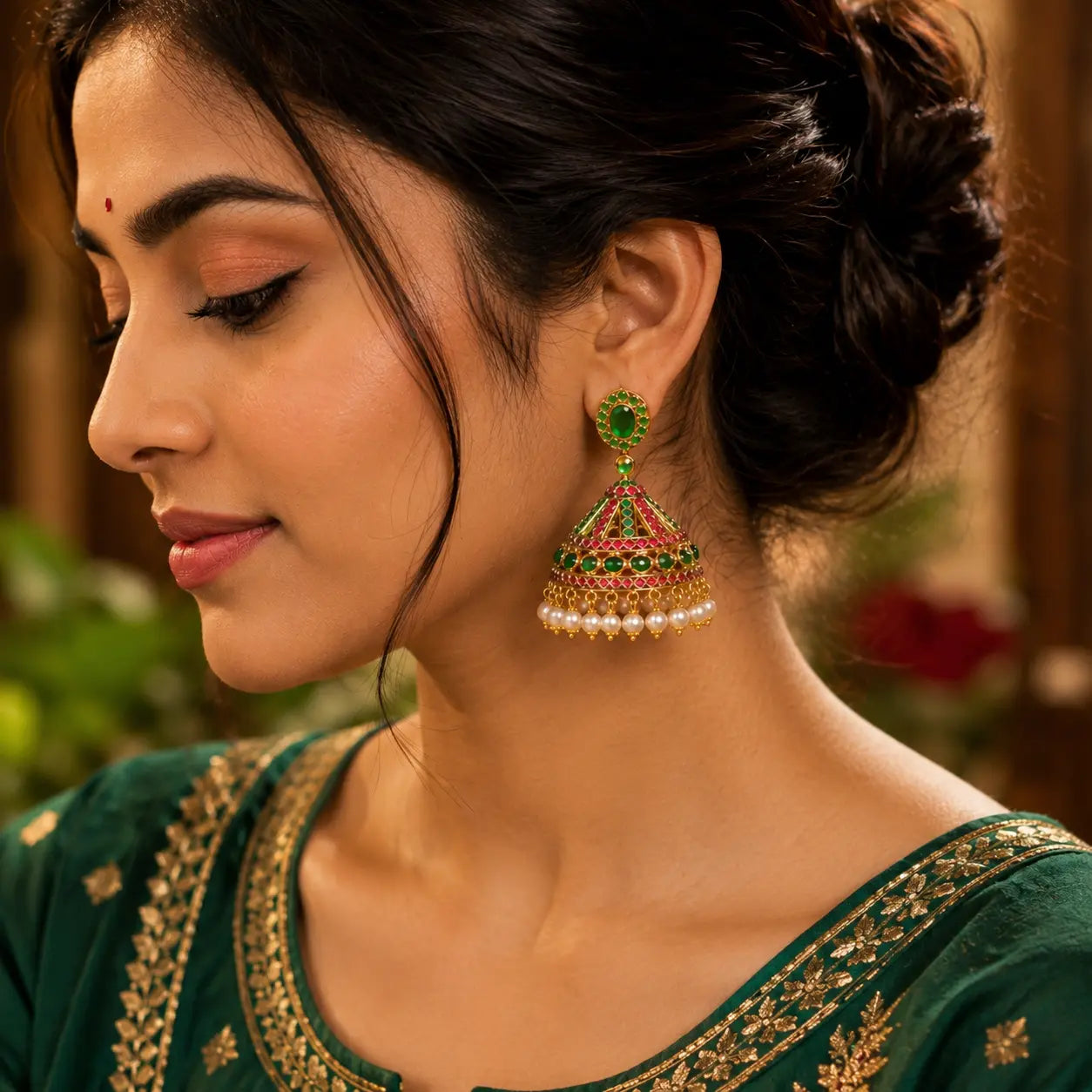 Traditional Meher Heritage Kundan Jhumka Earrings with green kundan stones, red accents and pearl drop detailing in gold finish