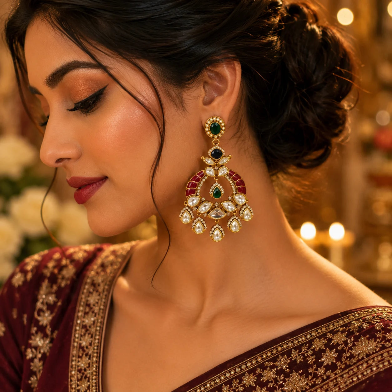 An Indian woman wearing Rajwadi Kundan chandelier earrings featuring maroon enamel work, kundan stones, and green gemstone accents